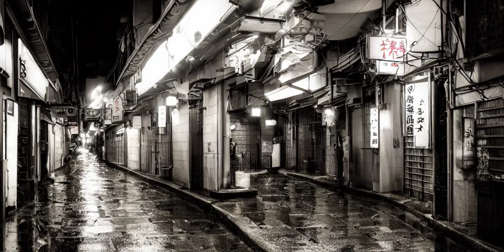 Prompt: quiet tokyo alley at night, raining, dim volumetric lighting, hdr, postprocessing, hyperdetailed, intricate, epic composition, cinematic lighting, masterpiece, street photography