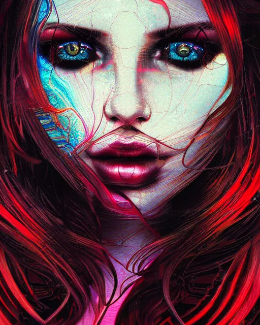 Image similar to glitch art close up portrait intense vampire, flowing hair, glitches, vaporwave, highly detailed, very intricate, graphical errors, art deco, neon glitch, chromatic aberration, harsh lighting, award - winning, unreal engine 5, illustration by mandy jurgens and alphonse mucha and alena aenami, black and red, featured on artstation