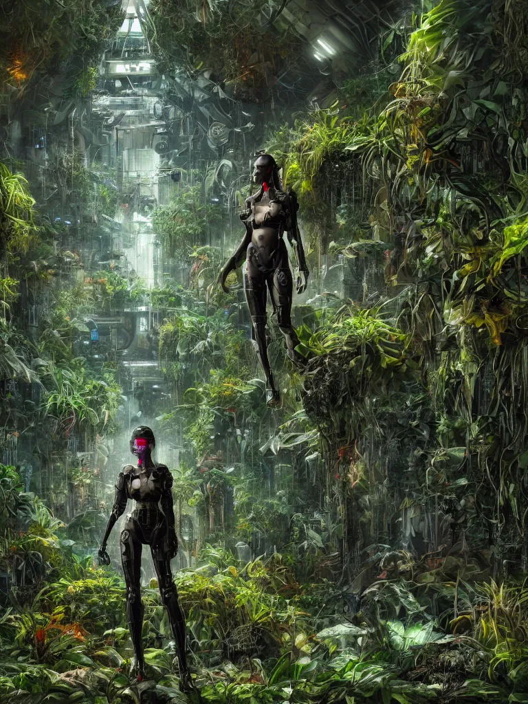 Prompt: portrait of a cyborg, standing in a hall of overgrown by plants cyberpunk megacomplex; hyperrealistic, 4K wallpaper, cinematic lighting, highly detailed and beautiful