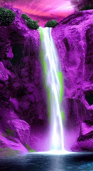 Image similar to purple planet with waterfall pixel artwork, digital art, award winning