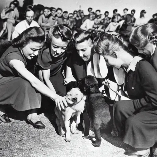 Image similar to 1940s photograph of a tribe of humans worshipping a puppy, award-winning