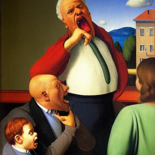 Prompt: a very funny looking father yelling at his children by Raphael, Hopper, and Rene Magritte. detailed, romantic, enchanting, trending on artstation.