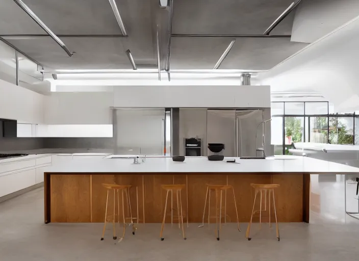 Image similar to 8 k photograph of stunning award winning design modern kitchen, designed by michael wolk + beatriz pascuali
