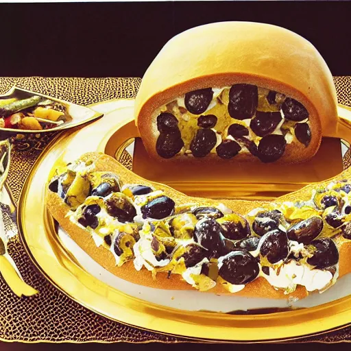 Prompt: sliced frosted sandwich loaf with olives and cream cheese on an ornate golden platter, dinner party display, high resolution magazine scan, seventies era