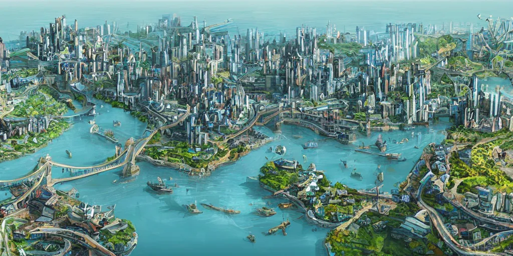 Prompt: illustration, environment design illustration, giant city on a bridge, giant continent bridge build over many small islands that developed into a grand city