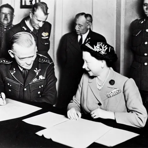 Image similar to 5 0 mm 1 9 4 6 historical photo, of a single german general and a young queen elizabeth signing a peace treaty, a cute corgi watches from above, french village interior, highly detailed, sharp focus, symmetrical face