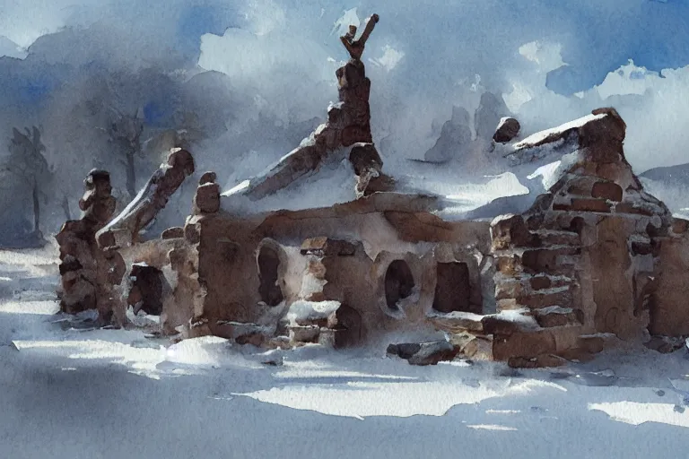 Prompt: small centered on watercolor paper, paint brush strokes, abstract watercolor painting of ancient viking house ruins in snow, daylight, blue sky, cinematic light, national romanticism by hans dahl, by jesper ejsing, by anders zorn, by greg rutkowski, by greg manchess, by tyler edlin