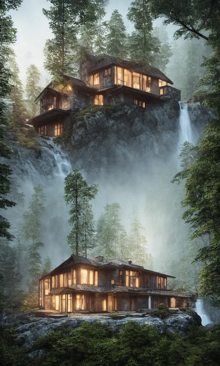 Image similar to beautiful large scandinavian house in the forest on a hill, a large waterfall flows down from the mountain in the background, octane render, fabulous, hyper detailed, random cinematic view, no noise, global illumination, warm lighting, volumetric, godrays, vivid, by jordan grimmer