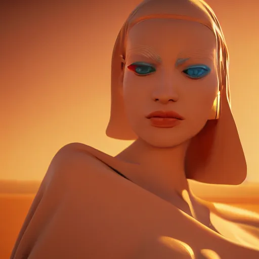 Image similar to avant-garde art, deco fashion, highly detailed, photorealistic portrait, serene desert, afternoon hour, crisp quality and light reflections, unreal engine 5 quality render