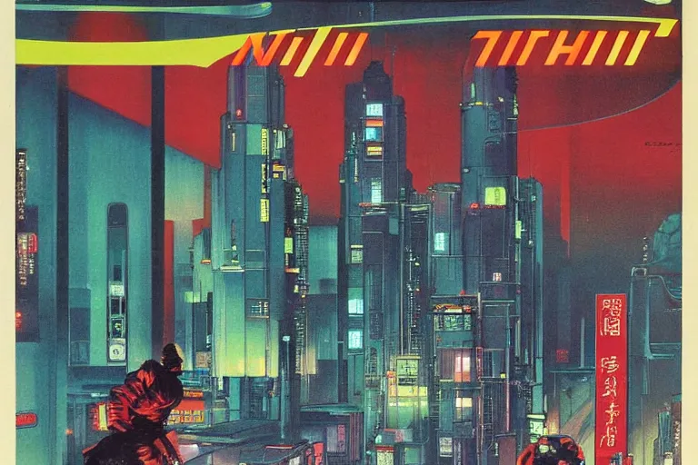 Image similar to 1979 OMNI Magazine Cover of an ornate oriental office with a window to neo-Tokyo streets in cyberpunk style by Vincent Di Fate