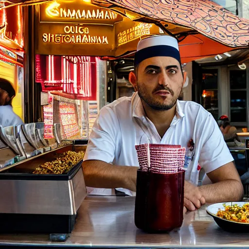 Image similar to Sultan Süleyman eating shawarma in Downtown DC, hyperrealism, HDR Shot, 16k