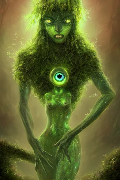 Image similar to a glowing humanoid figure plant monster with large eyes, highly detailed, digital art, sharp focus, trending on art station, moss, anime art style