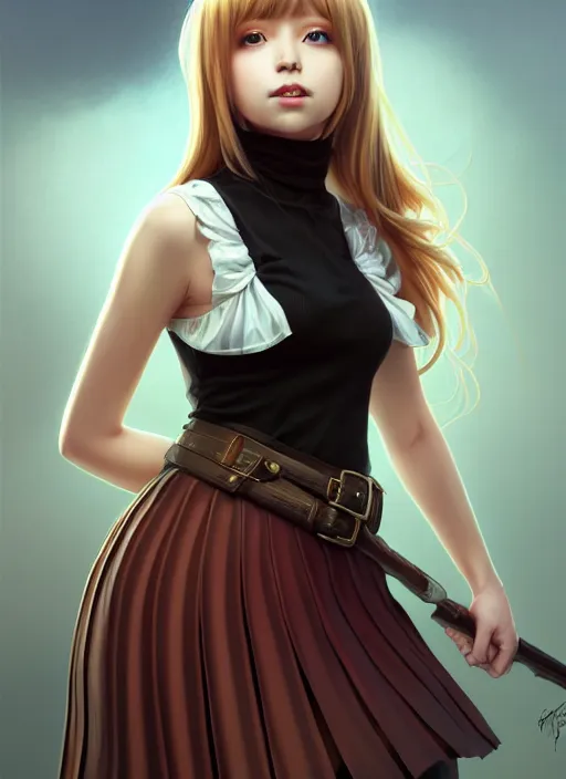 Image similar to portrait of a full body of beautiful young female detective, d & d, sleeveless turtleneck, pleated skirt, fantasy, flat lighting, intricate, highly detailed, digital painting, artstation, concept art, smooth, sharp focus, illustration, misa amane, art by simon bisley and greg rutkowski and alphonse mucha, natural tpose