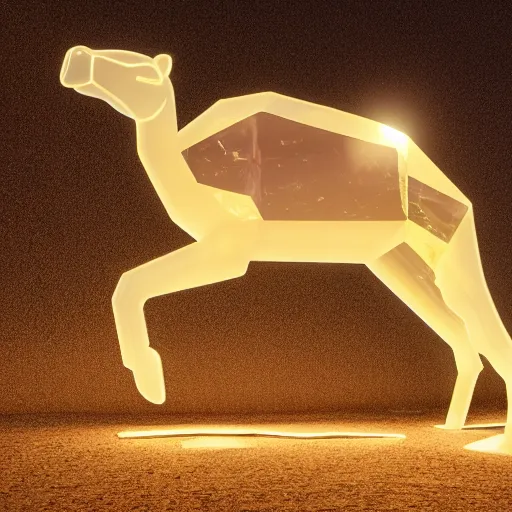 Image similar to beautiful camel made of transparent opal, translucent, glare, sunlight, transparent sculpture, glowing in the sun, HDR, octane render, 8k, detailed