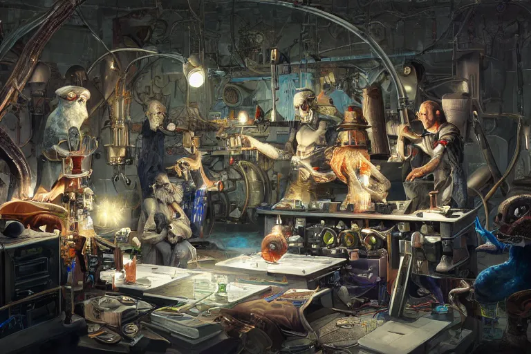 Image similar to a beautiful highly detailed masterpiece photograph of wizards performing cutting edge prompt engineering in a scientific laboratory, trending on artstation