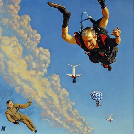 Image similar to benjamin netanyahu skydiving, plane in background, by norman rockwell and michael cheval