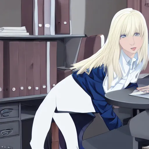 Image similar to platinum - blonde - haired long bob cut blue - eyed princess wearing white leggings and black jacket, sitting in bolshevik office, anime hd, highly detailed, hyperrealistic lighting