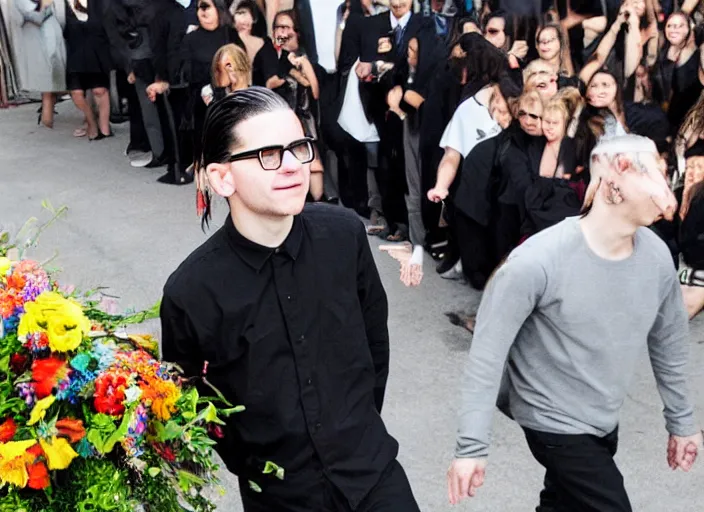 Image similar to Photo of Skrillex at a funeral performing on a coffin