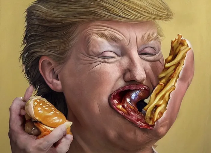 Image similar to realistic painting by jenny saville of!! donald trump!! licking a! cheeseburger!, art by jenny saville and tom bagshaw, detailed, sharp, smooth,! hamburger!