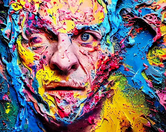 Image similar to abstract expressionist portrait of a head made of very thick impasto paint and acrylic pour and coloured powder explosion and splashing paint and dripping paint and flying paint chunks, art by antony micallef, motion blur, hyperrealistic, intricate art photography, anatomically correct, realistic crisp textures, 1 6 k