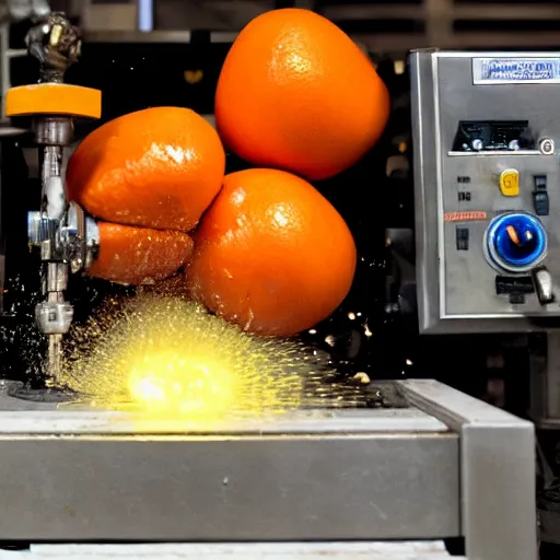 Prompt: The annoying orange being crushed under a hydraulic press