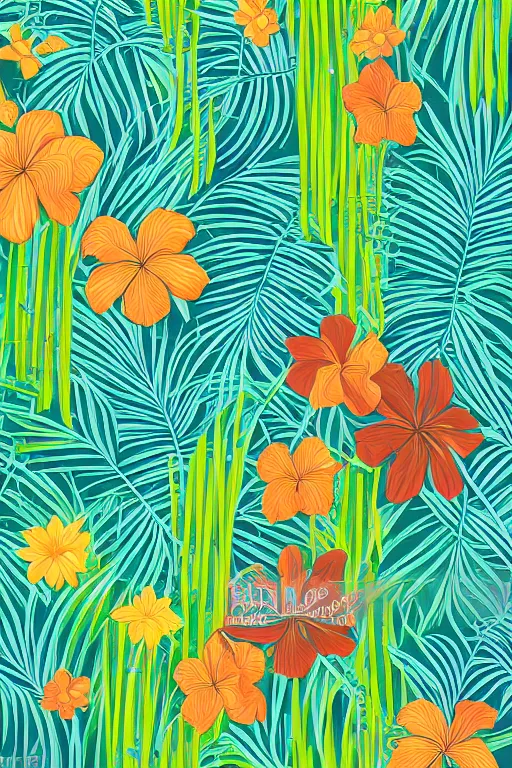 Image similar to Intricate detailed vector illustration of tropical flowers and green reeds, multiple cohesive colors ranging from warm blue to oranges on a ((very dark background)), 4K resolution
