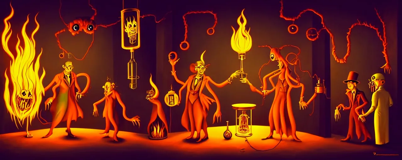 Image similar to uncanny alchemist monsters in a fiery alchemical lab, dramatic lighting, surreal 1 9 3 0 s fleischer cartoon characters, surreal painting by ronny khalil