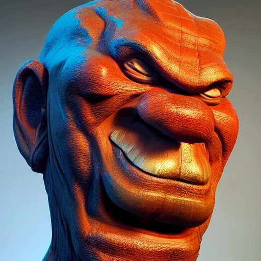 Prompt: wooden sculpture of hulk, intricate and vibrant color details, zbrush, hyper realistic, golden ratio, macro lens, unreal engine,, vibrant color