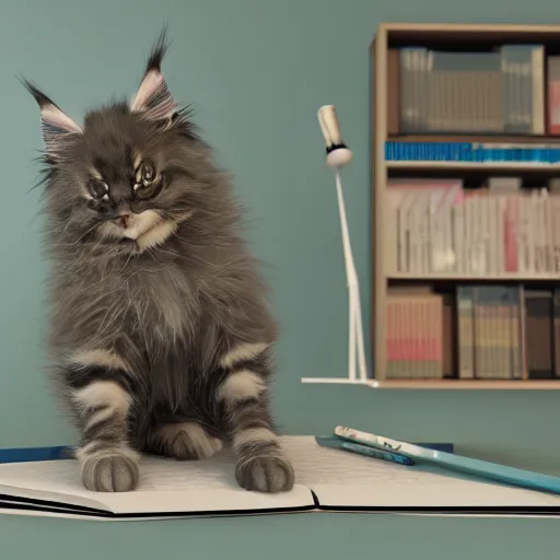 Image similar to eye - level view, a super cute maine coon kitten ate my homework and got smart, hilarious, funny, back to school comedy, cg animation, 3 d octane render, hdr