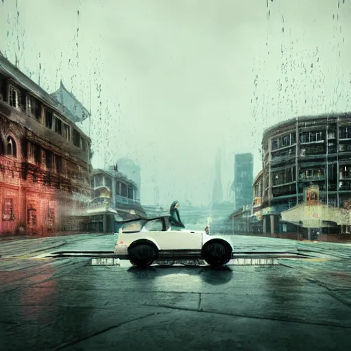 Prompt: Photo realistic render, 8K UHD, gasolinepunk style: ( background = gasolinepunk city street+ background detail = raining, gasolinepunk architecture, high detailed, large depth of field) + (subject =Gasolinepunk hover car, Artstation style + subject detailed = Aqua retro, flying, high detailed, high detailed texture render, highly accurate light refraction)