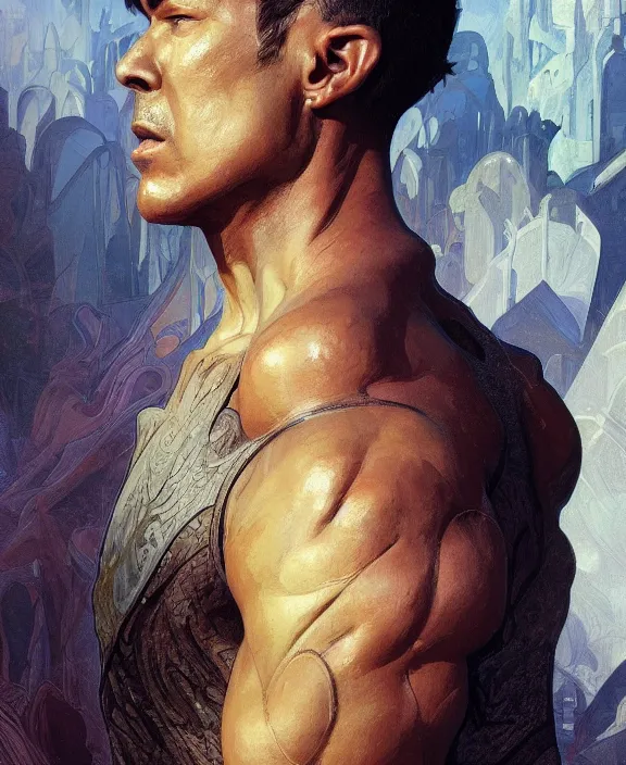 Prompt: portrait close up of man look at the camera in symmetry. concentrated look, symmetry, with an explosion on the back, d & d, fantasy, intricate, elegant, highly detailed, digital painting, artstation, concept art, art by artgerm and greg rutkowski and alphonse mucha, boris vallejo