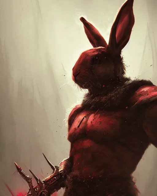 Image similar to Rabbit Berserker, rage, maniac, war paint, red, Khorne, magic the gathering artwork, D&D, fantasy, cinematic lighting, centered, symmetrical, highly detailed, digital painting, artstation, concept art, smooth, sharp focus, illustration, volumetric lighting, epic Composition, 8k, art by Akihiko Yoshida and Greg Rutkowski and Craig Mullins, oil painting, cgsociety