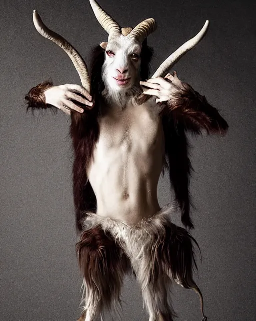 Prompt: actor Mick Jagger in Elaborate Pan Satyr Goat Man Makeup and prosthetics with large goat ears designed by Rick Baker, Hyperreal, Head Shots Photographed in the Style of Annie Leibovitz, Studio Lighting