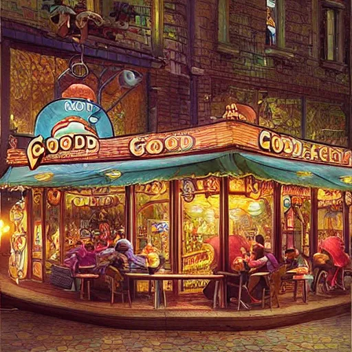 Prompt: “a fantasy fast food restaurant called ‘Goodberry’, based off of Good Burger, fantastical ambience, D&D, fantasy, intricate, cinematic lighting, highly detailed, digital painting, artstation, concept art, smooth, sharp focus, illustration, art by Artgerm and Greg Rutkowski and Alphonse Mucha”