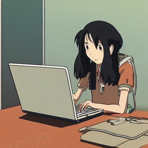 Prompt: guy with shoulder length black hair using a laptop, tan skin, looking down, art by hayao miyazaki, studio ghibli film, twitter pfp