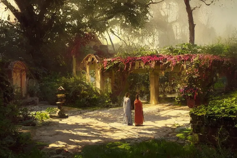 Image similar to a beautiful painting of the garden, shrine, two people, by greg rutkowski, trending on artstation