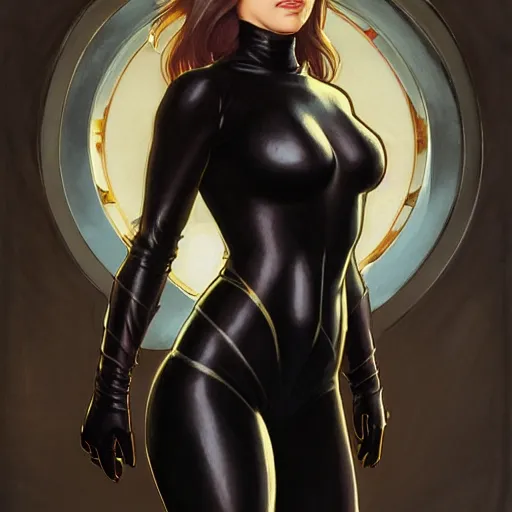 Image similar to Erin Moriarty as Cat Woman, highly detailed, digital painting, artstation, concept art, smooth, sharp focus, illustration, ArtStation, art by artgerm and greg rutkowski and alphonse mucha and J. C. Leyendecker and Edmund Blair Leighton and Katsuhiro Otomo and Geof Darrow and Phil hale and Ashley wood and Ilya repin and Charlie Bowater