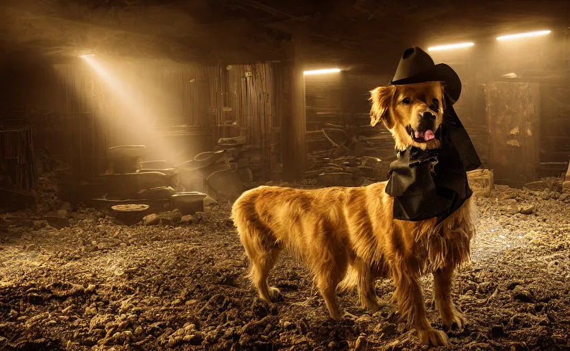 Image similar to a dirty golden retriever in a dimly lit mine, large piles of gold nuggets, wearing a black western hat and jacket, dim moody lighting, wooden supports and wall torches and pick axes, cinematic style photograph
