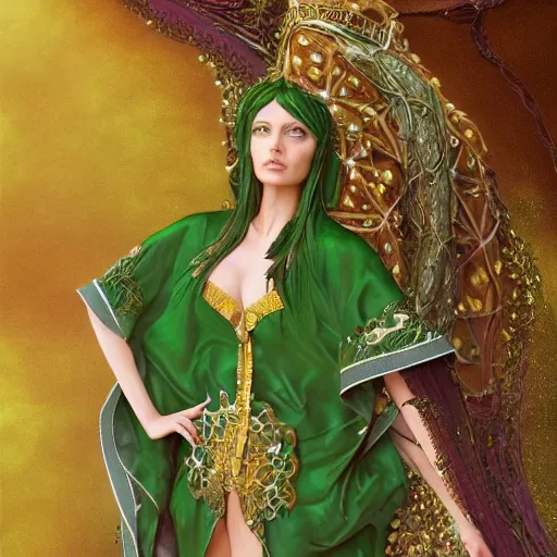 Image similar to a beautiful woman wearing a green and white kaftan made of silk with golden ornaments and diamonds jewelry by alex gray and android jones , Karol Bak, Ayami Kojima, Amano , concept art, character design, fantasy,3D, 8k resolution