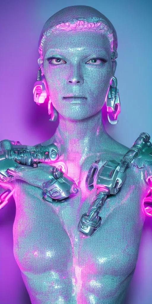 Image similar to high quality photo of rococo cyborg woman with pearlescent blue skin key sage wayne barlowe very soft pink neon lighting on one side wide angle 35mm shallow depth of field 8k