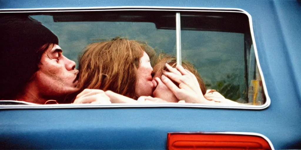 Image similar to 1 9 7 0 s car window closeup, couple kissing in the back seat, coloured film photography, elliott erwitt photography