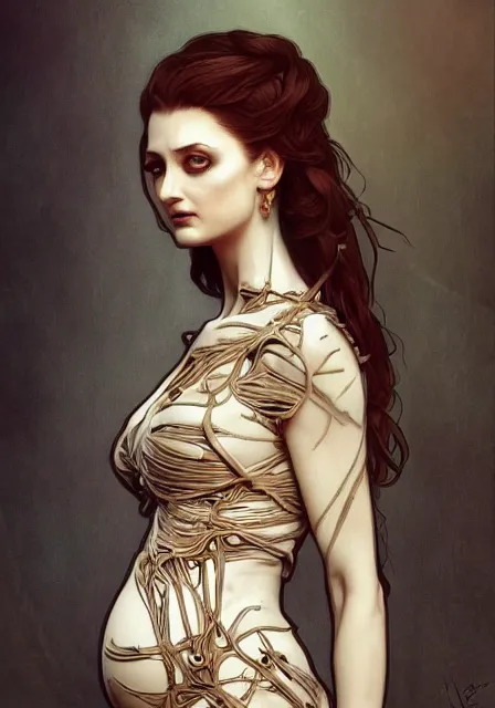 Image similar to sansa pregnant mummy zombie in skeleton, intricate, elegant, highly detailed, digital painting, artstation, concept art, smooth, sharp focus, illustration, art by artgerm and greg rutkowski and alphonse mucha and william - adolphe bouguereau