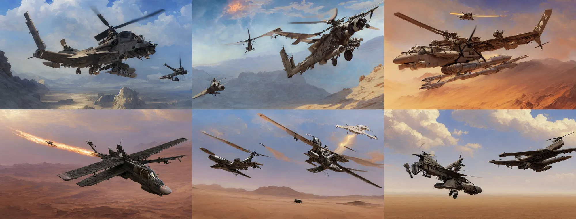 Prompt: Ultra realistic illustration of an ah64 apache helicopter flying over desert, intricate, elegant, highly detailed, digital painting, artstation, concept art, smooth, sharp focus, illustration, art by artgerm and greg rutkowski and alphonse mucha