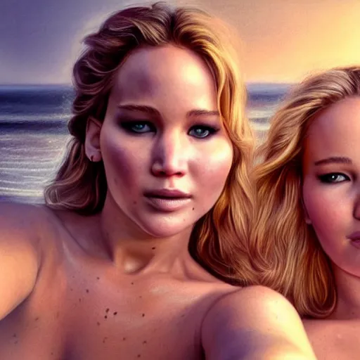 Prompt: beautiful serene intricate portrait of jennifer lawrence and jennifer lawrence taking a selfie, relaxing on the beach, golden hour, soft focus, 8 k, art by irakli nadar, hyperrealism, hyperdetailed, ultra realistic