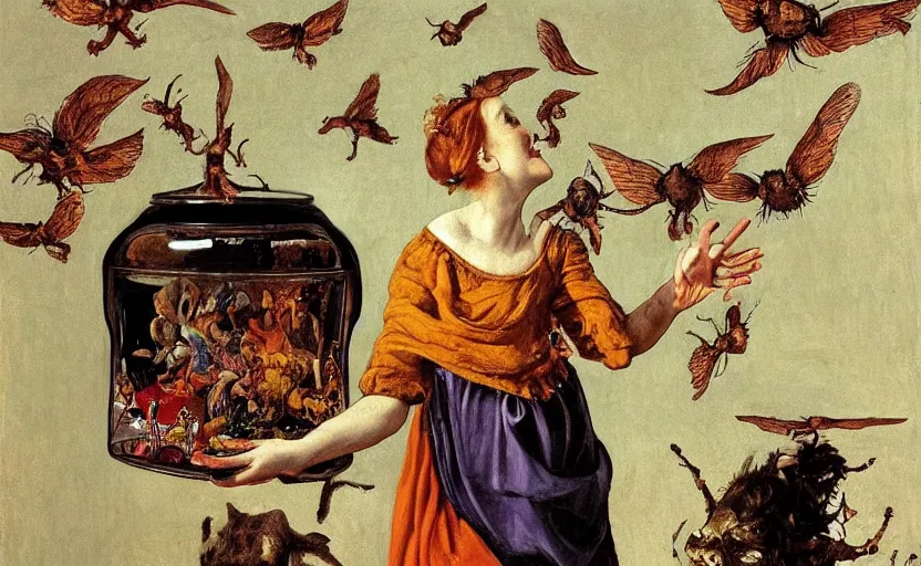 Prompt: a painting of pandora opening her jar, releasing monsters and critters that impersonate sickness and death, misery, she is fully dressed, in the style of realism and a masterpiece by artemisia gentileschi, artemisia gentileschi, artemisia gentileschi, and egon schiele, critters flying around, the jar is clearly visible