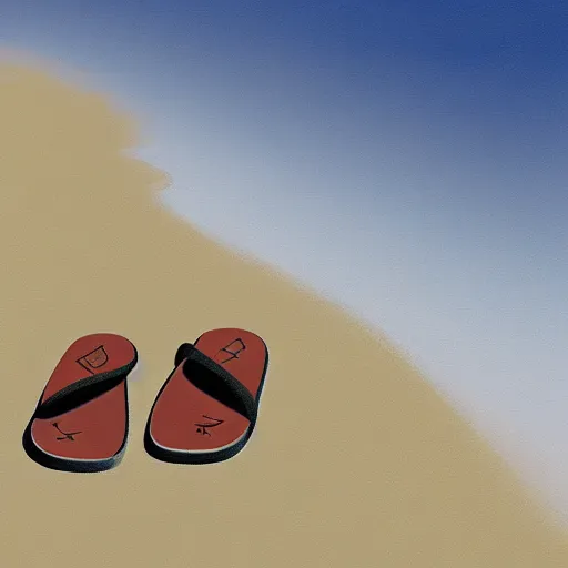 Prompt: a concept art of a pair of flip flops in the sand, by Craig mullins, Steve Purcell, Ralph McQuarrie. Centered image, no background