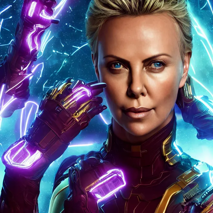 Image similar to portrait of (Charlize Theron), wearing The Infinity Gauntlet. intricate artwork. octane render, trending on artstation, very coherent symmetrical artwork. avengers. thanos. cinematic, hyper realism, high detail, octane render, 8k, iridescent accents