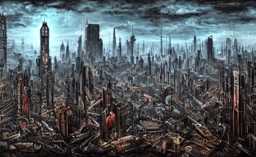 Image similar to a Dystopian gothic surrealism painting of a cyberpunk megalopolis extending up into the sky