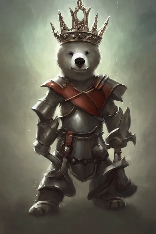 Image similar to cute little anthropomorphic bear knight wearing a cape and a crown, tiny, small, miniature bear, baby animal, short, pale blue armor, cute and adorable, pretty, beautiful, DnD character art portrait, matte fantasy painting, DeviantArt Artstation, by Jason Felix by Steve Argyle by Tyler Jacobson by Peter Mohrbacher, cinematic lighting