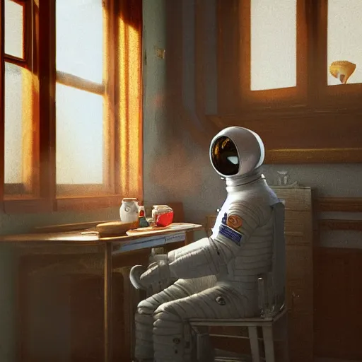 Image similar to a single cosmonaut in a spacesuit drinks a steaming cup of tea at an old wooden desk in a richly decorated Victorian house. the autumn light comes in through a window and dimly illuminates the room, diffuse light, octane render